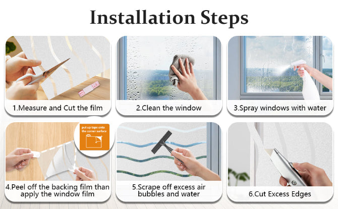 Step-by-step guide for installing window film with images and text.